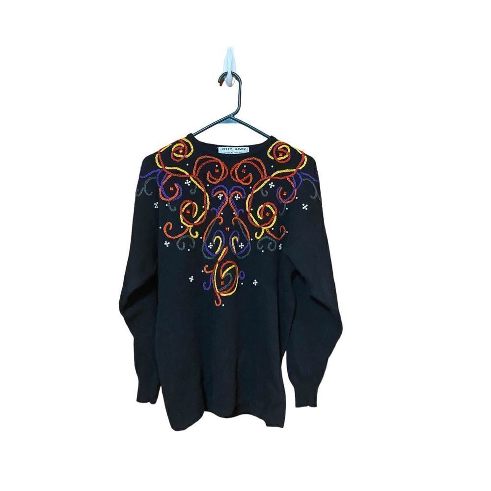 WOMENS vintage Kitty Hawk by Vivian Wang black abstract sweater size M Hong Kong